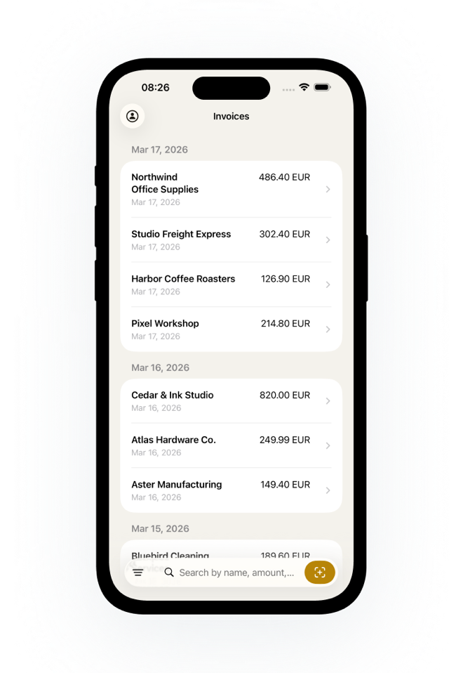 Saved invoice list grouped by date with vendor names, totals, and search.