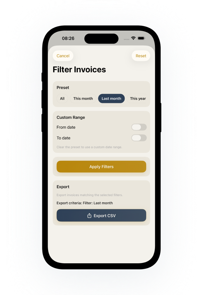 Filter and export screen with preset date ranges, custom range options, and CSV export.
